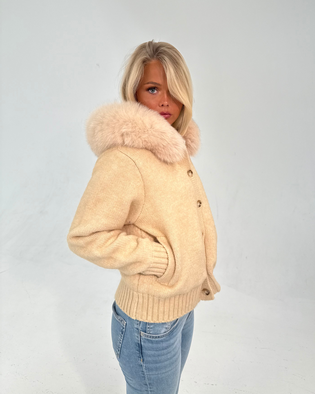Button Up Fur Jacket - Beige